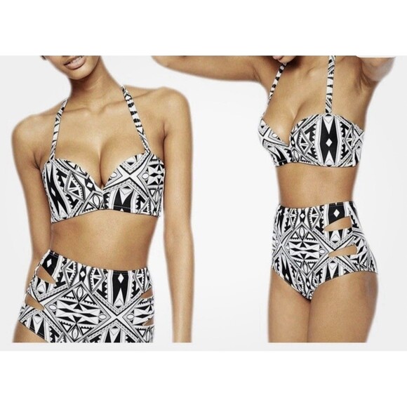 Black White Geometry Push Up Padded High Waist Bathing Swimsuit Bikini Small - Picture 1 of 7